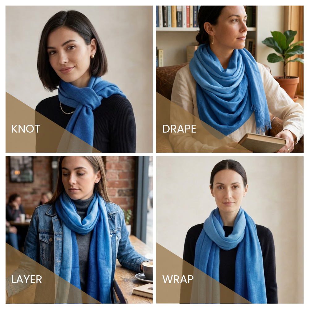 Navy Blue Wool Ombré Scarf, Handloom 70x180cm