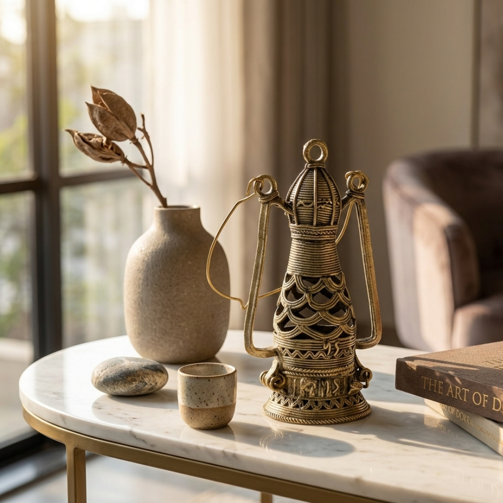 Handmade Dhokra Brass Vintage Style Lantern Showpiece from Ancient India