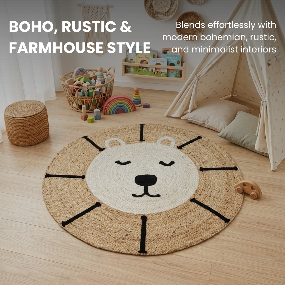 Kids Jute Lion Round Rug 90x90cm