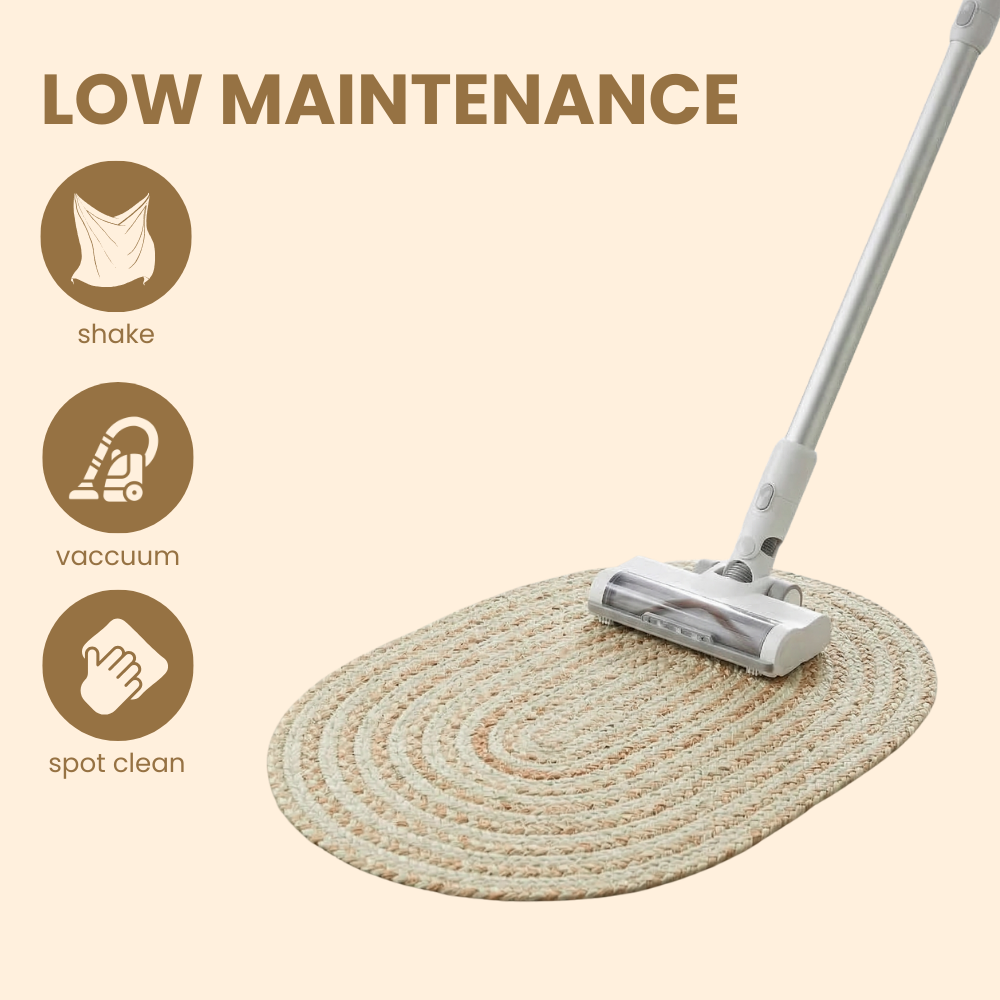Cleaning tool cleaning a woven mat with 'Low Maintenance' instructions on a beige background