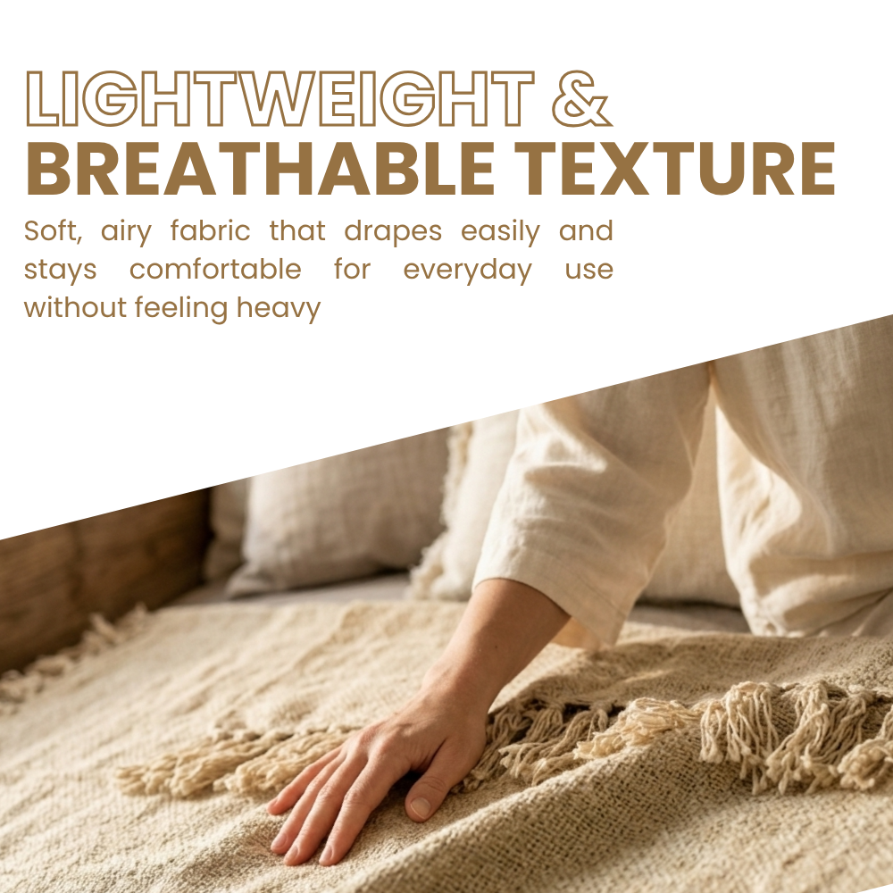 Natural Beige Cotton Throw, Fringed