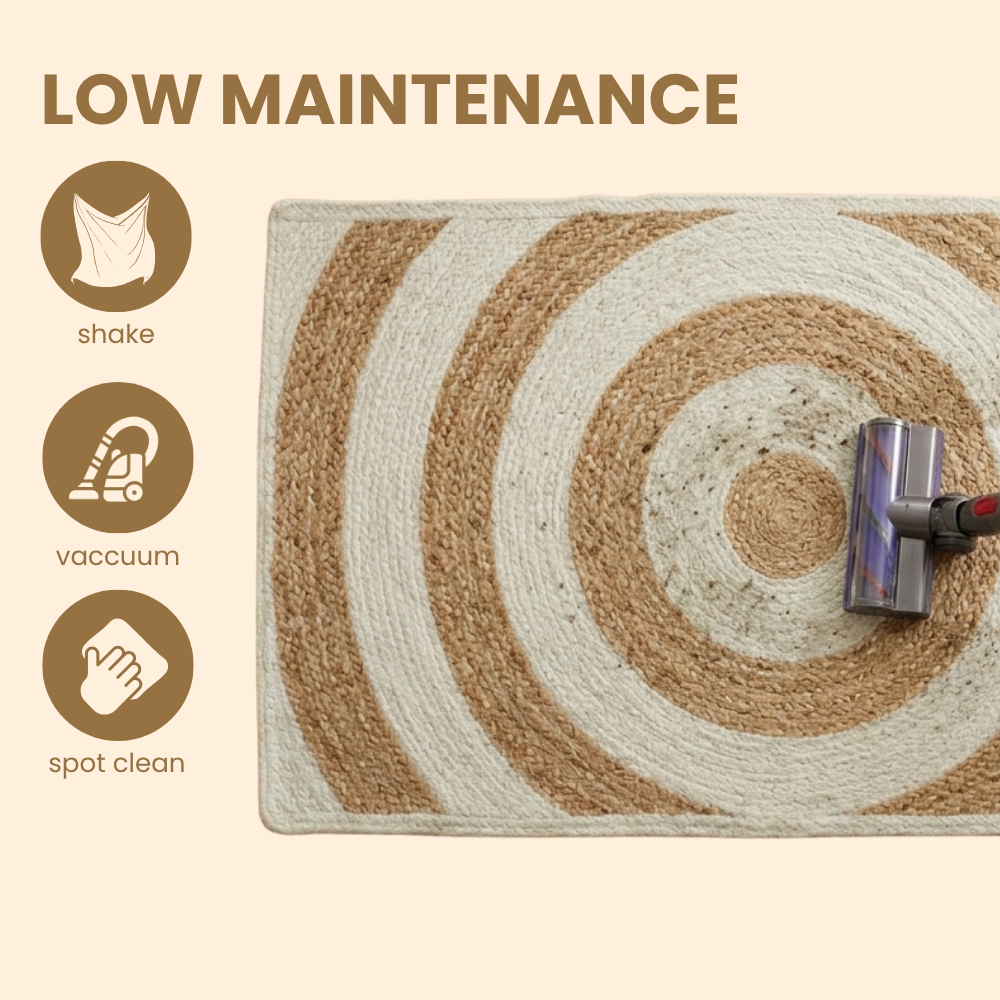 Doormat with concentric circles of brown and beige, showing cleaning instructions on a beige background.