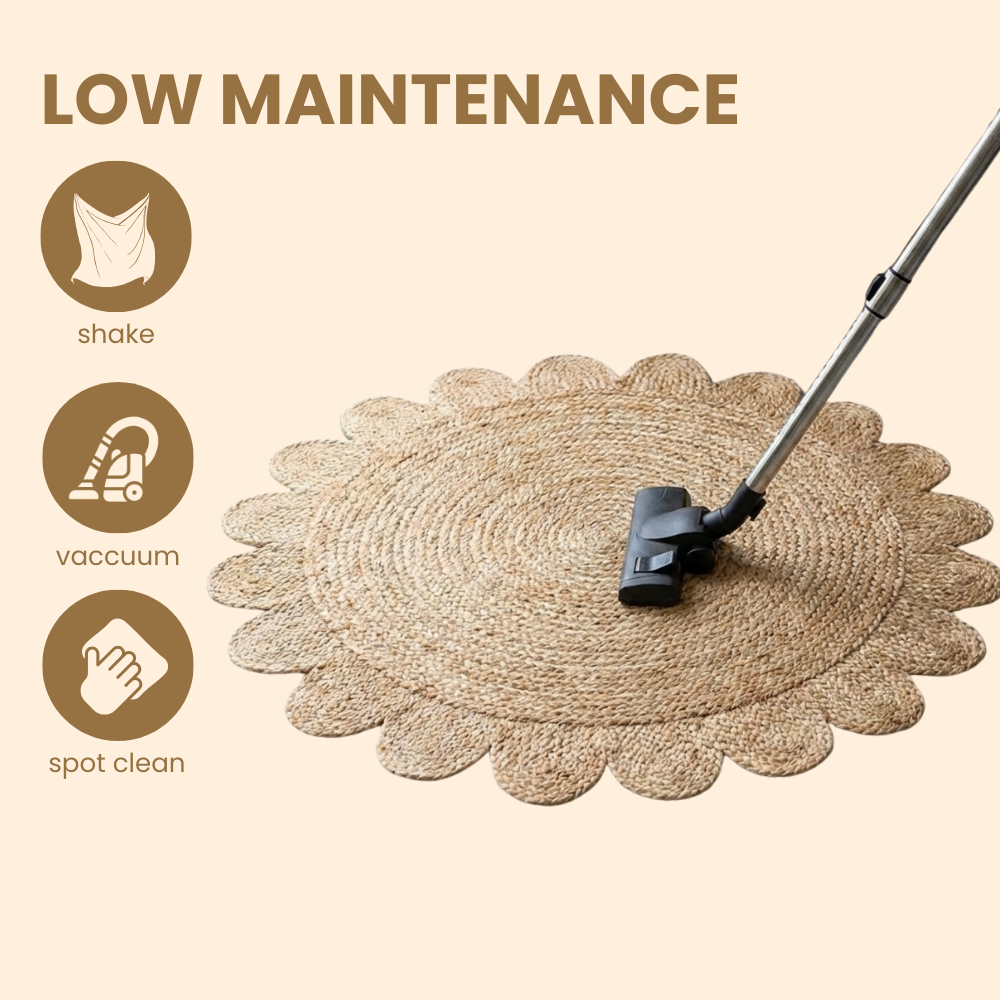 Cleaning a woven mat with a vacuum cleaner on a beige background, featuring text 'Low Maintenance' and cleaning tips.