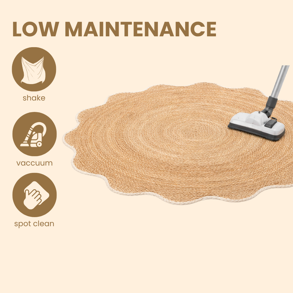 Cleaning process of a carpet with text 'Low Maintenance' and icons for shake, vacuum, and spot clean.