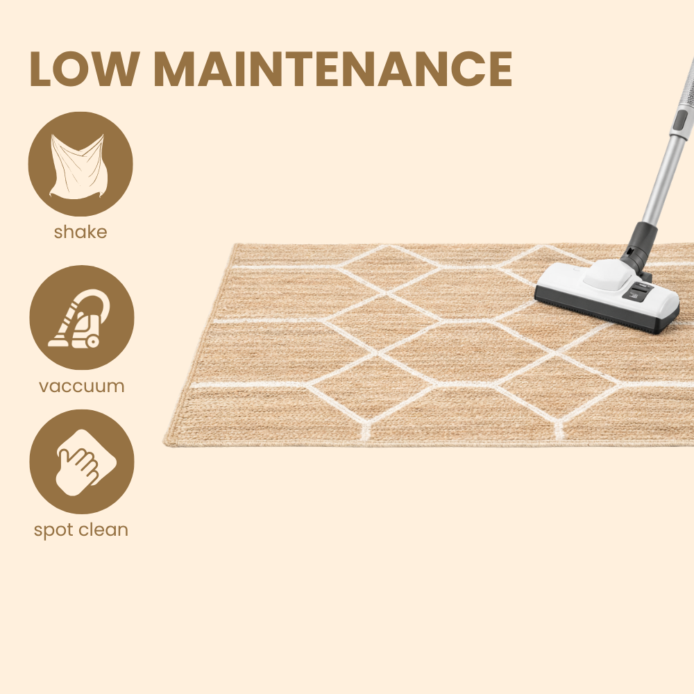 Vacuum cleaning a rug with cleaning tips on a beige background