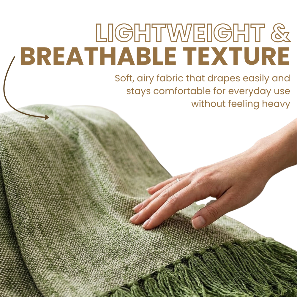 Green fabric with a hand touching it, labeled as lightweight and breathable.