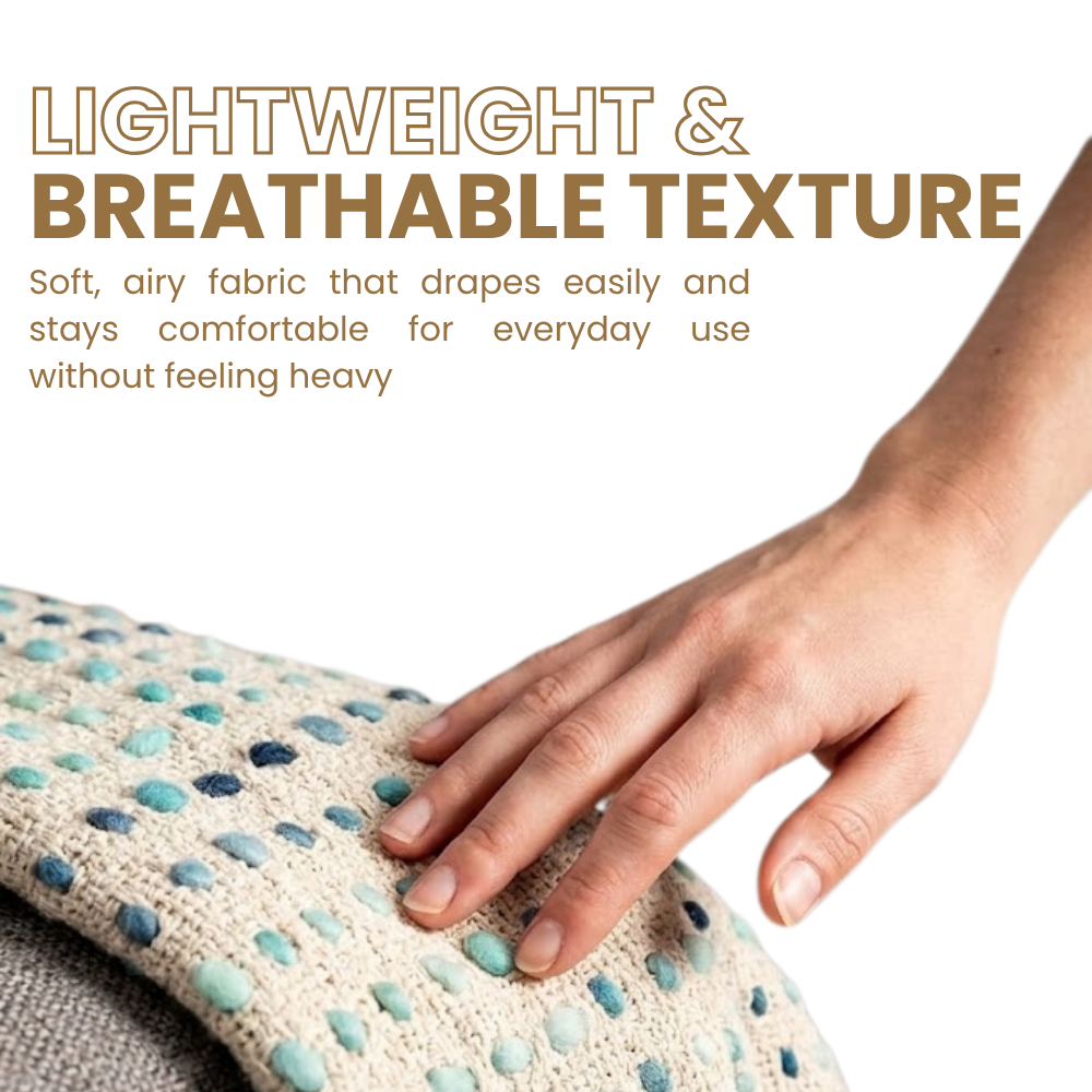 Hand touching textured fabric with text about lightweight and breathable texture