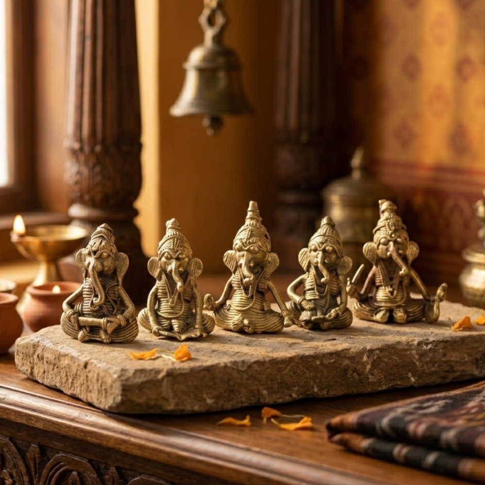 Handmade Brass Dhokra Tiny Ganesh Set of 5