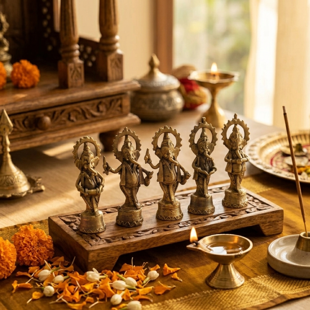 Handmade Dhokra Lord Ganesh Brass Figurine (Set of 5)