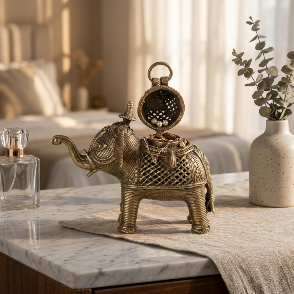Handmade Dhokra Brass Elephant Jewellery Box