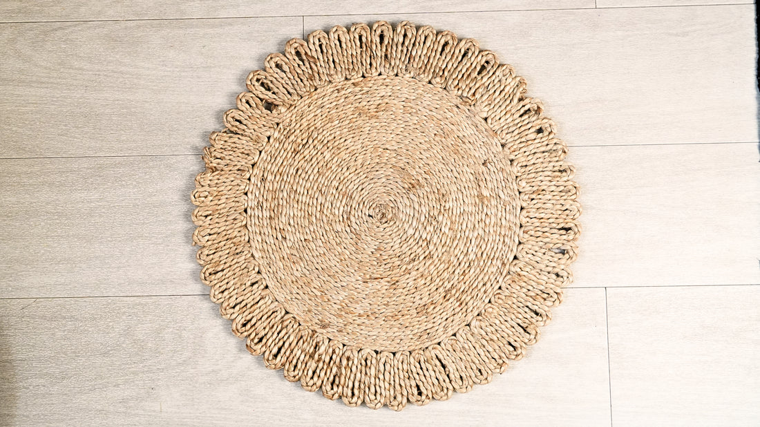 Round woven mat on a wooden floor