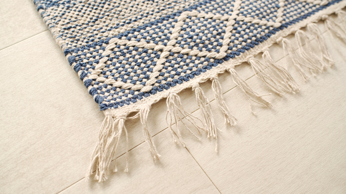 DivineHandicrafts Cotton Chindi Rag Rug, Blue Striped Pattern, Reversible Floor Mat, 60 x 90 cm