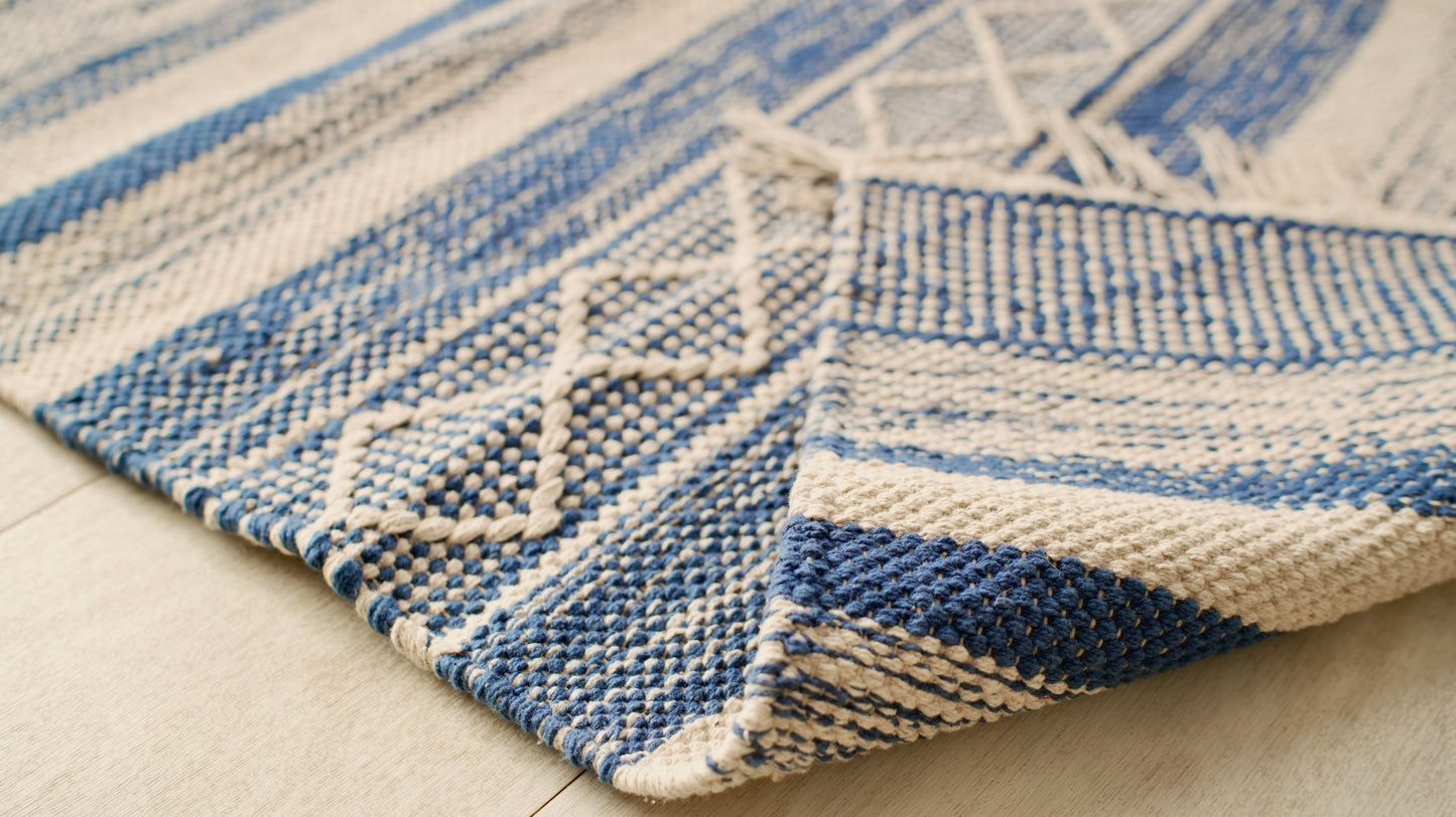DivineHandicrafts Cotton Chindi Rag Rug, Blue Striped Pattern, Reversible Floor Mat, 60 x 90 cm