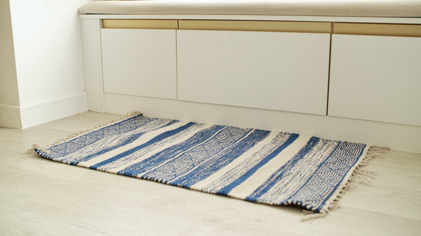 DivineHandicrafts Cotton Chindi Rag Rug, Blue Striped Pattern, Reversible Floor Mat, 60 x 90 cm