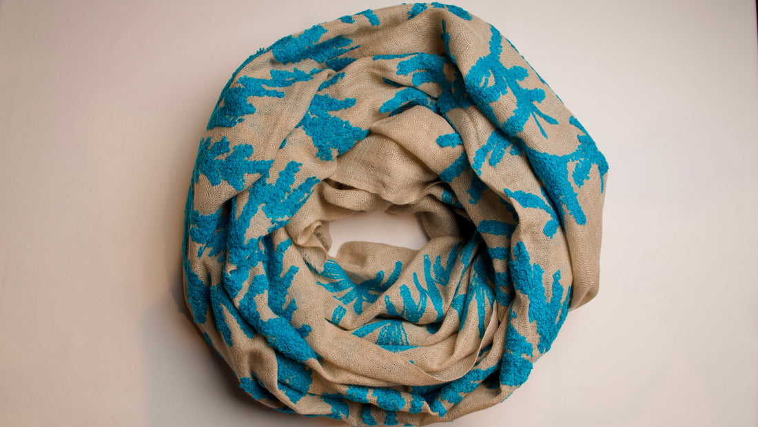 Beige scarf with blue floral patterns on a beige background