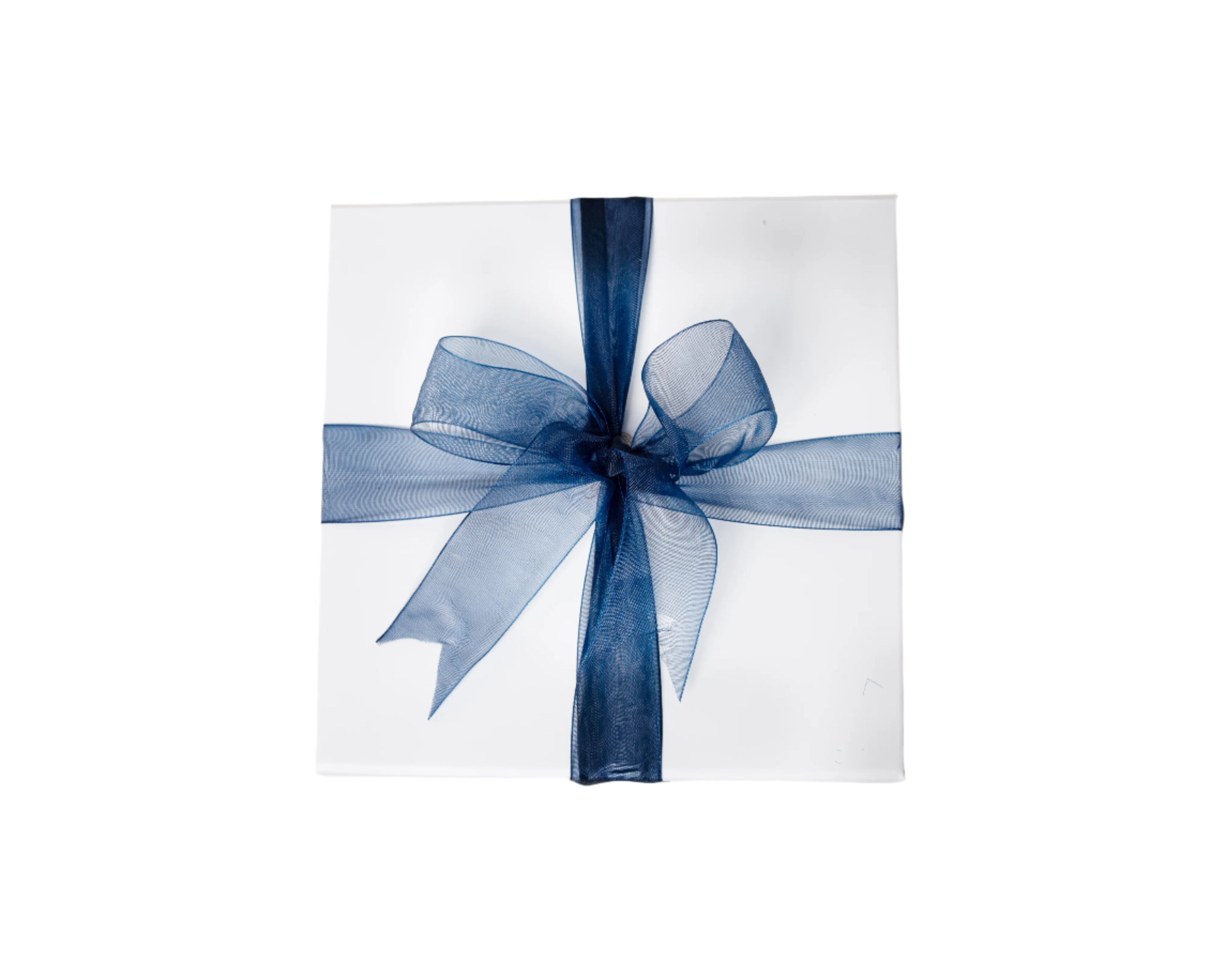 White gift box with sheer dark blue ribbon bow