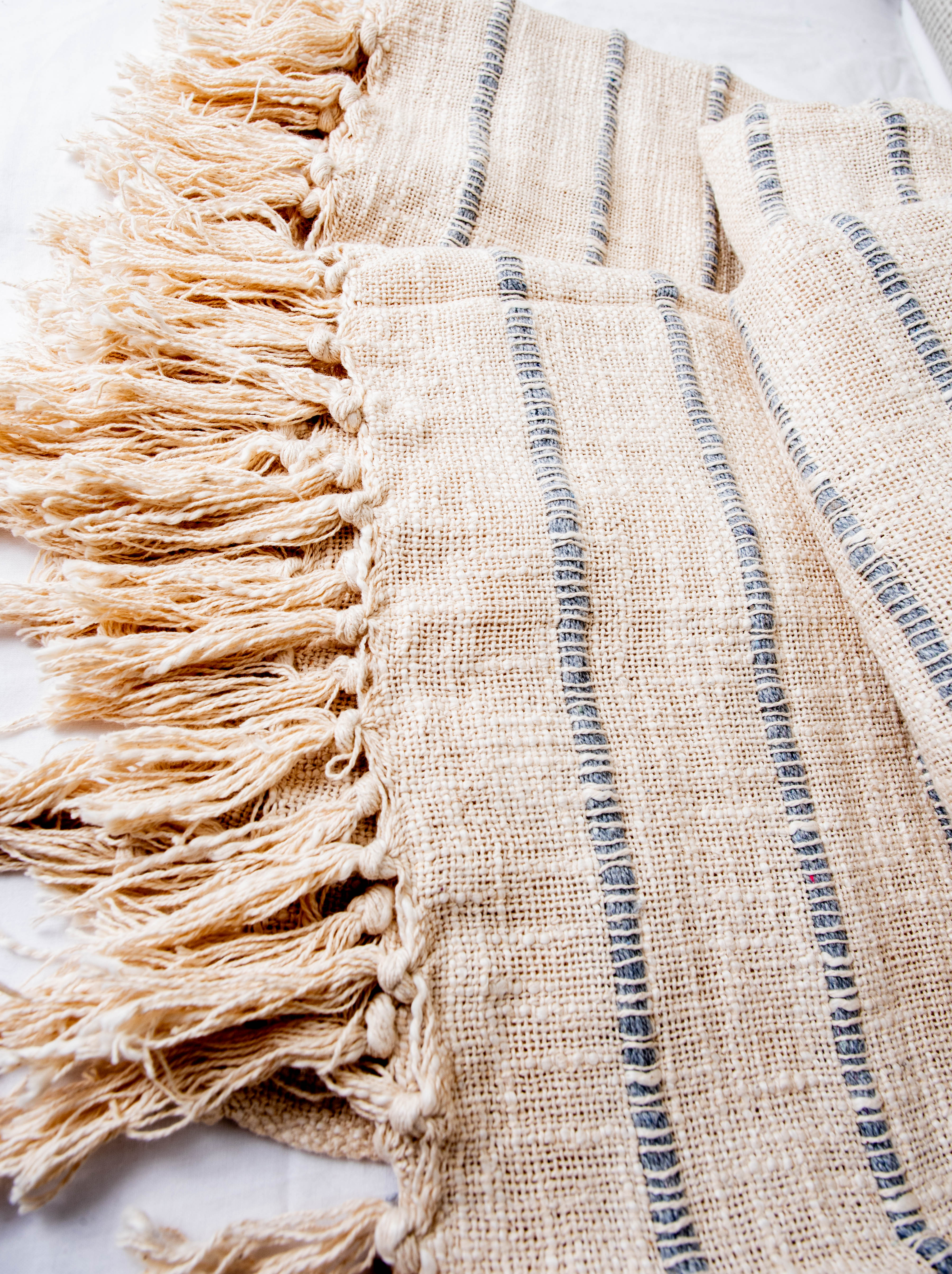 Beige woven fabric with blue stripes and fringed edge.