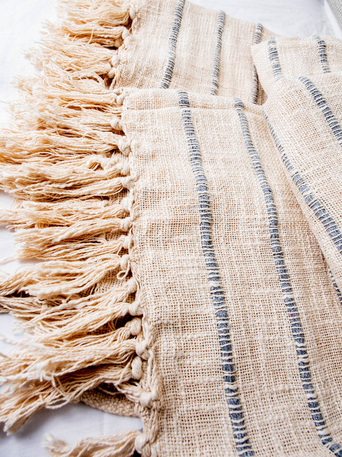 Beige woven fabric with blue stripes and fringed edge.