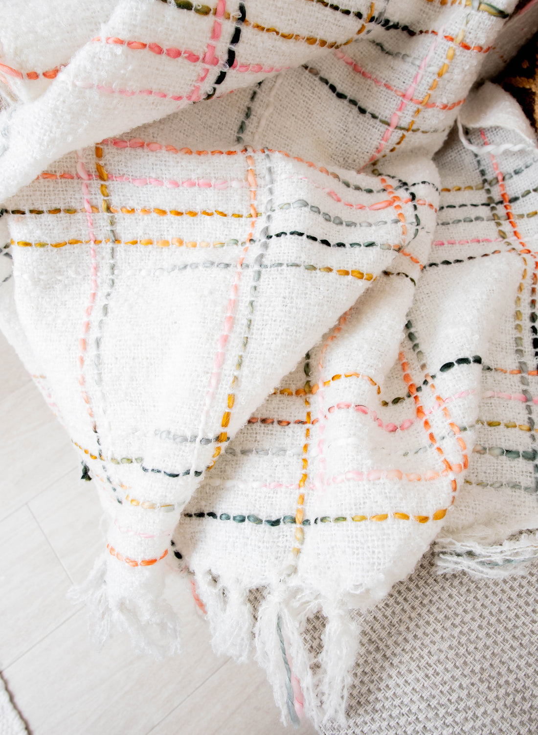 Soft woven blanket with colorful plaid stitching