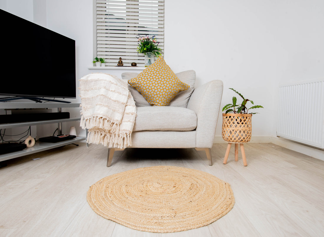 Modern beige sofa and jute rug