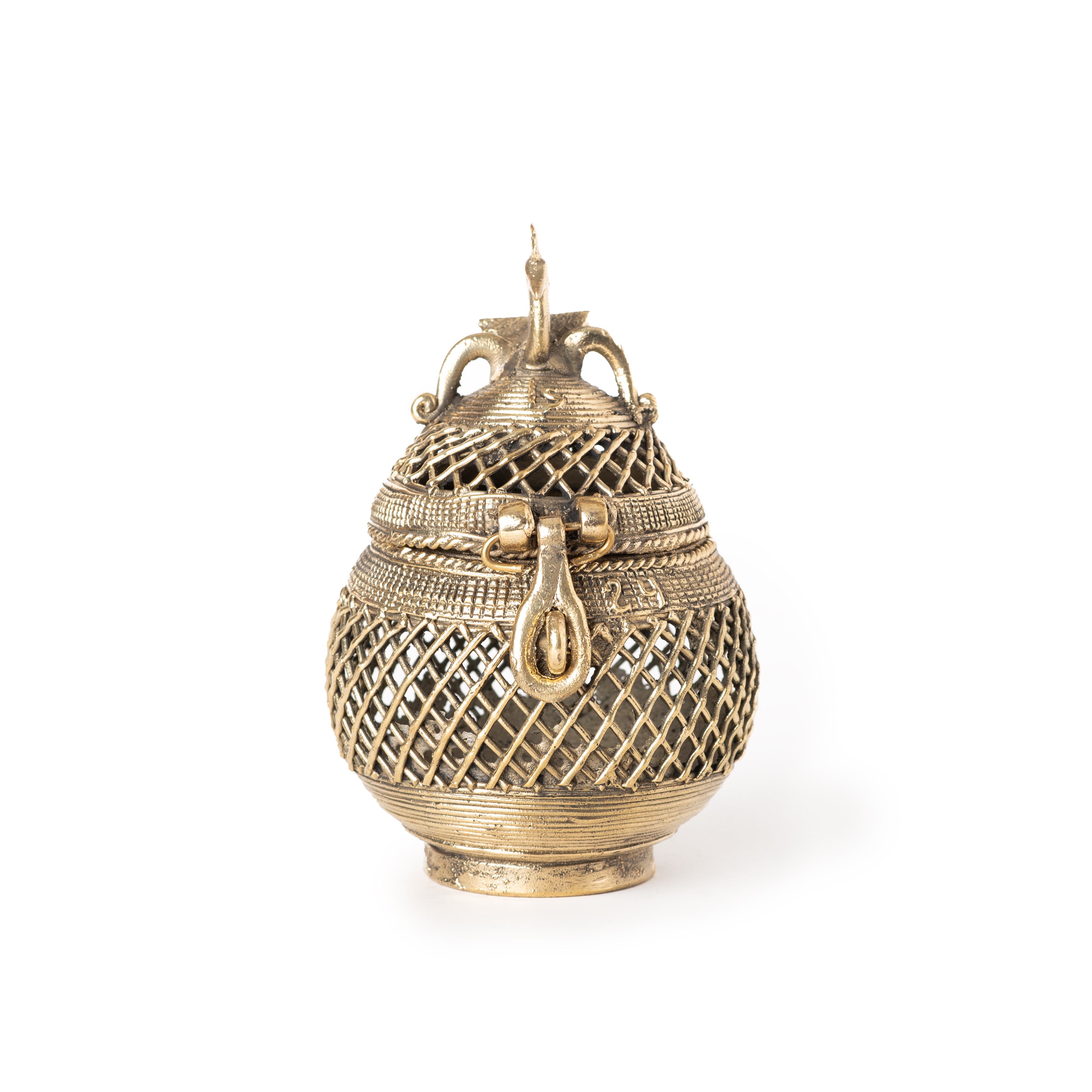 This item is a handcrafted Dhokra art vintage-style metal kalash pot shaped jewelry box, showcasing traditional Indian tribal brass craft. 