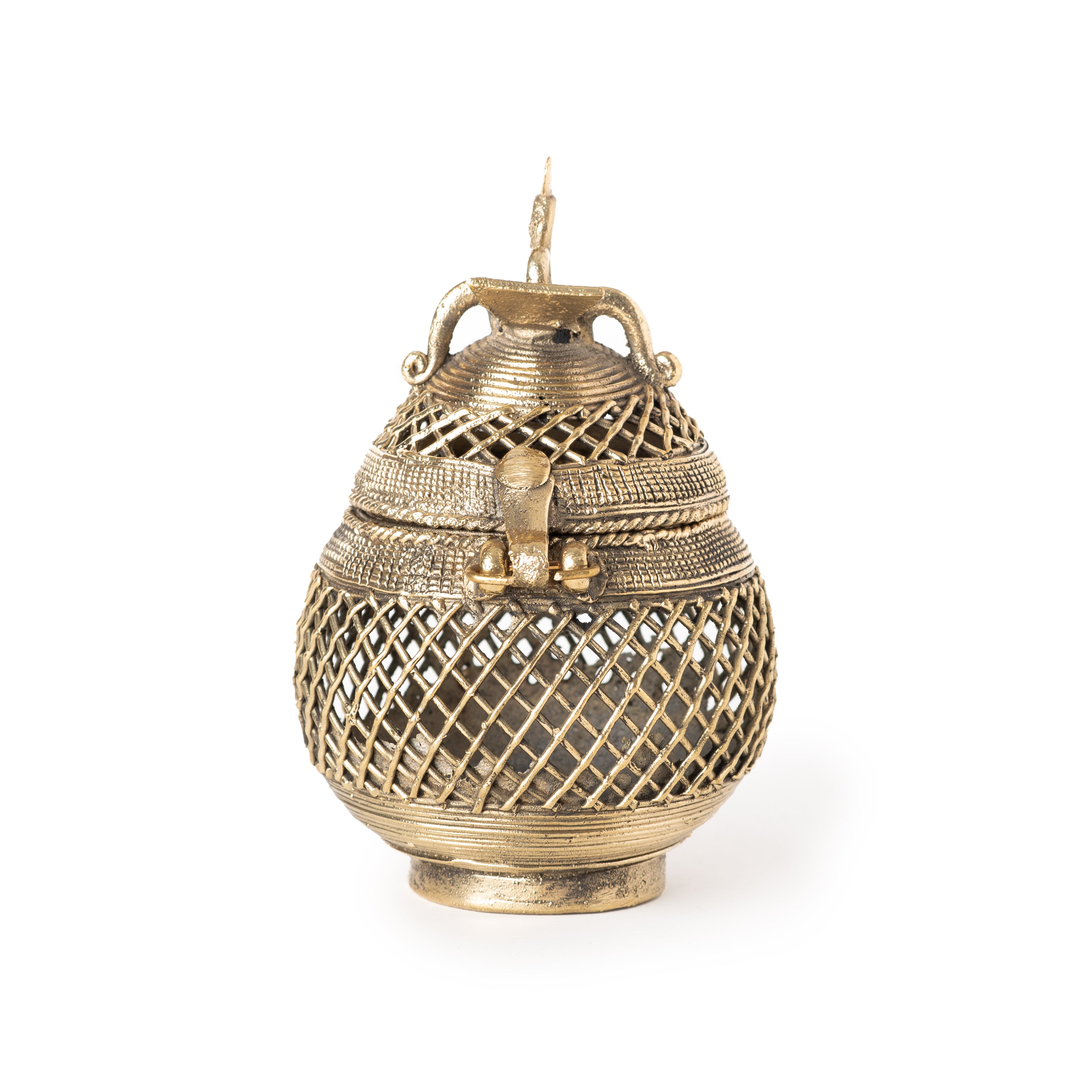 This item is a handcrafted Dhokra brass metal box, also known as a coconut box or kalash pot, featuring an intricate netted lattice design and a rustic antique finish. 