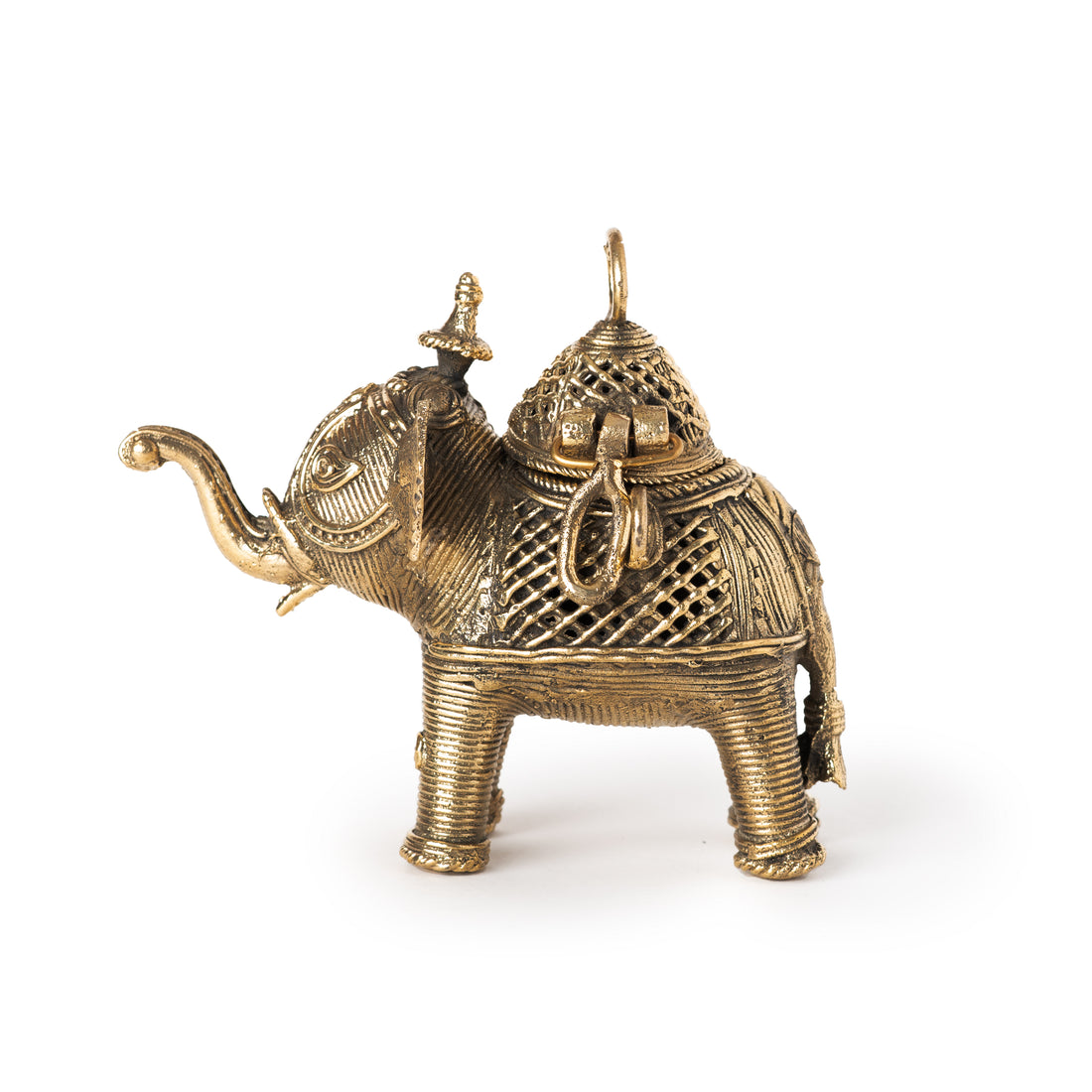 This is a handcrafted Dhokra brass elephant decorative jewelry box, an antique-style piece made using traditional tribal metal casting techniques. 
