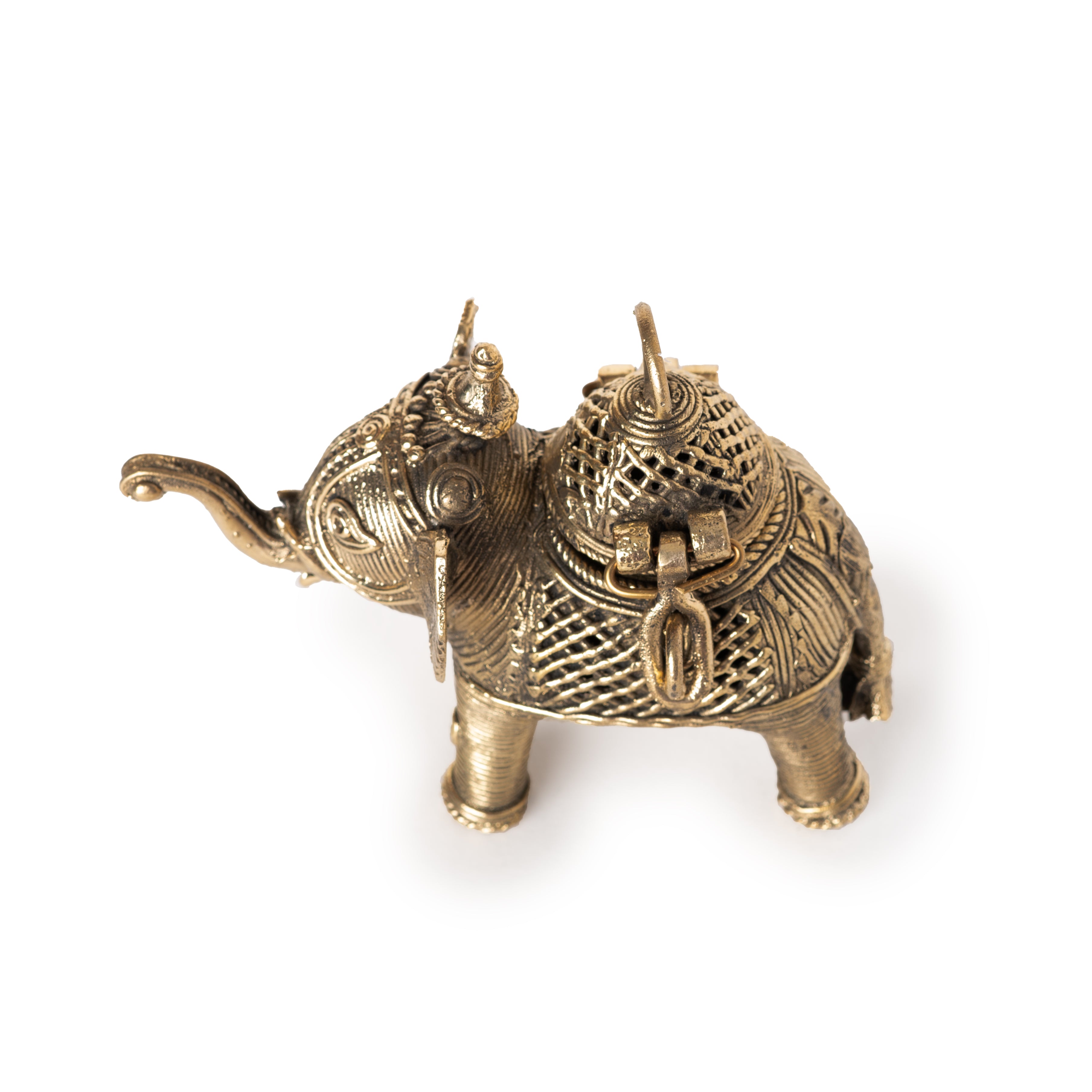 This item is a handcrafted Dhokra brass elephant box, often used as a decorative curio or small storage container. 
