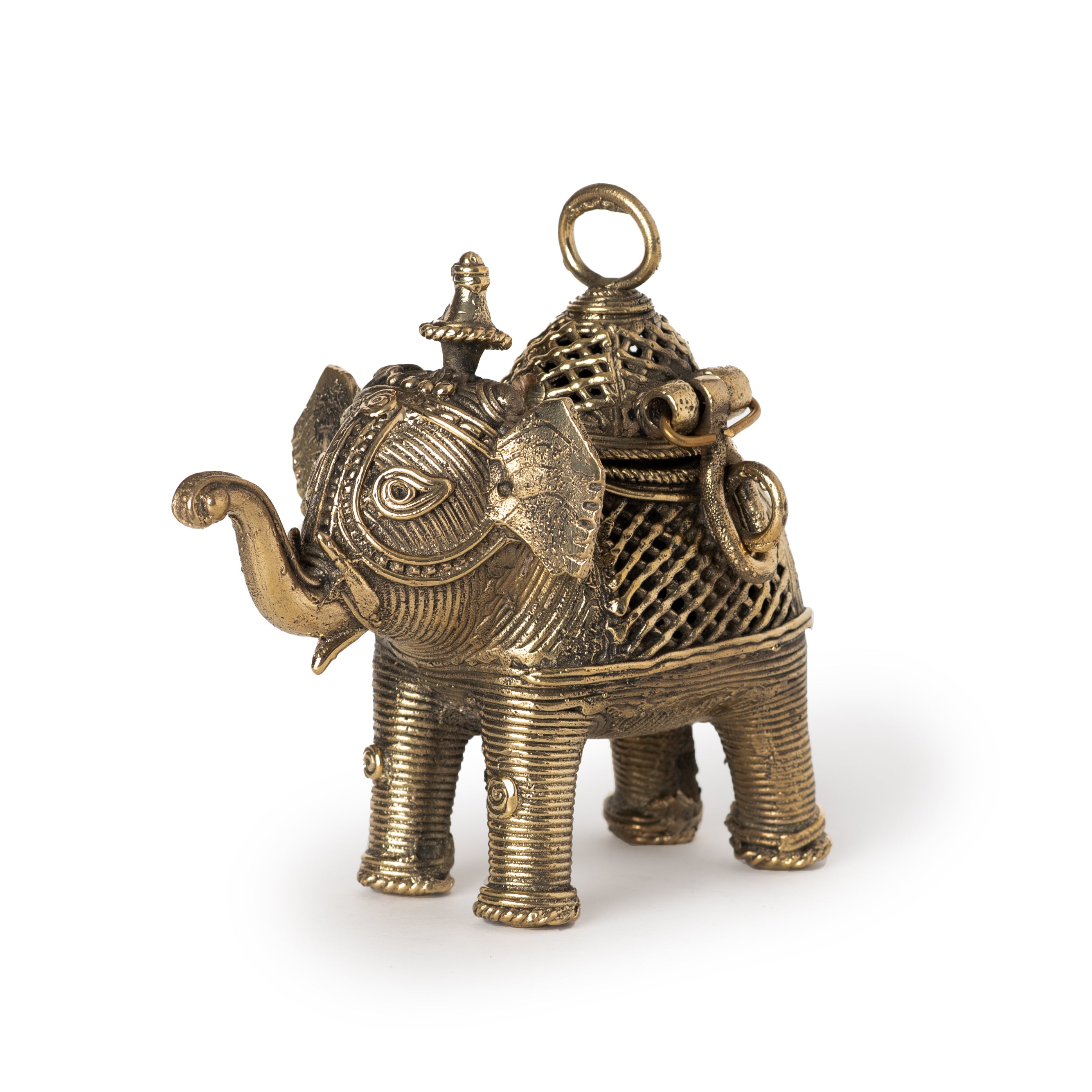 A handheld Dhokra brass elephant-shaped jewellery box with intricate details, featuring a removable lid on top.