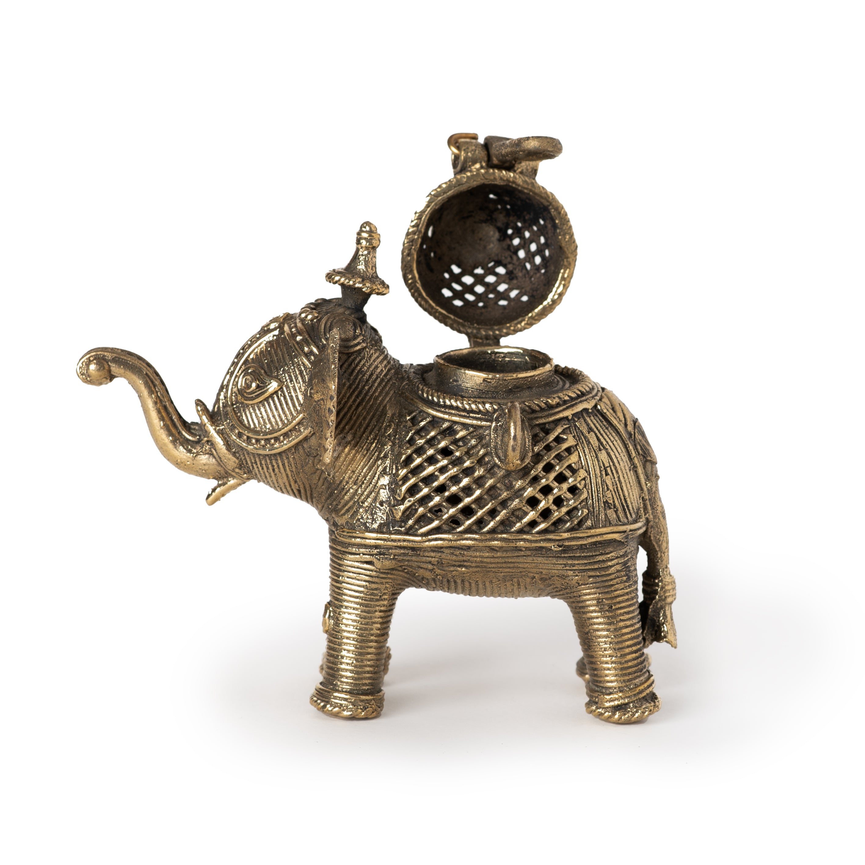 This item is a handcrafted Dhokra brass elephant box, an ancient Indian metal casting art form. 