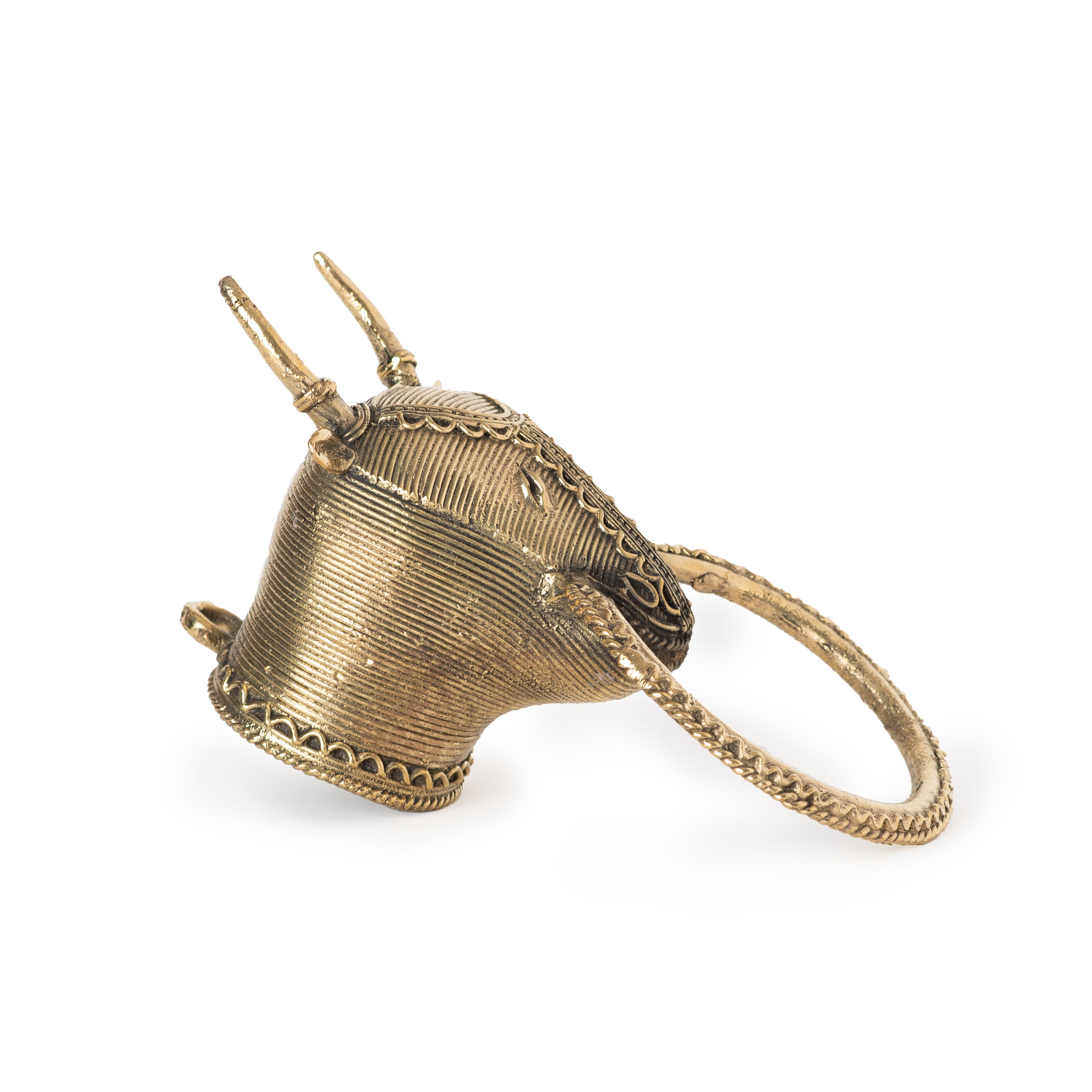 This item is a handcrafted Dhokra Brass Metal Bull Wall Holder, often utilized as a unique towel ring or decorative wall hook. 
