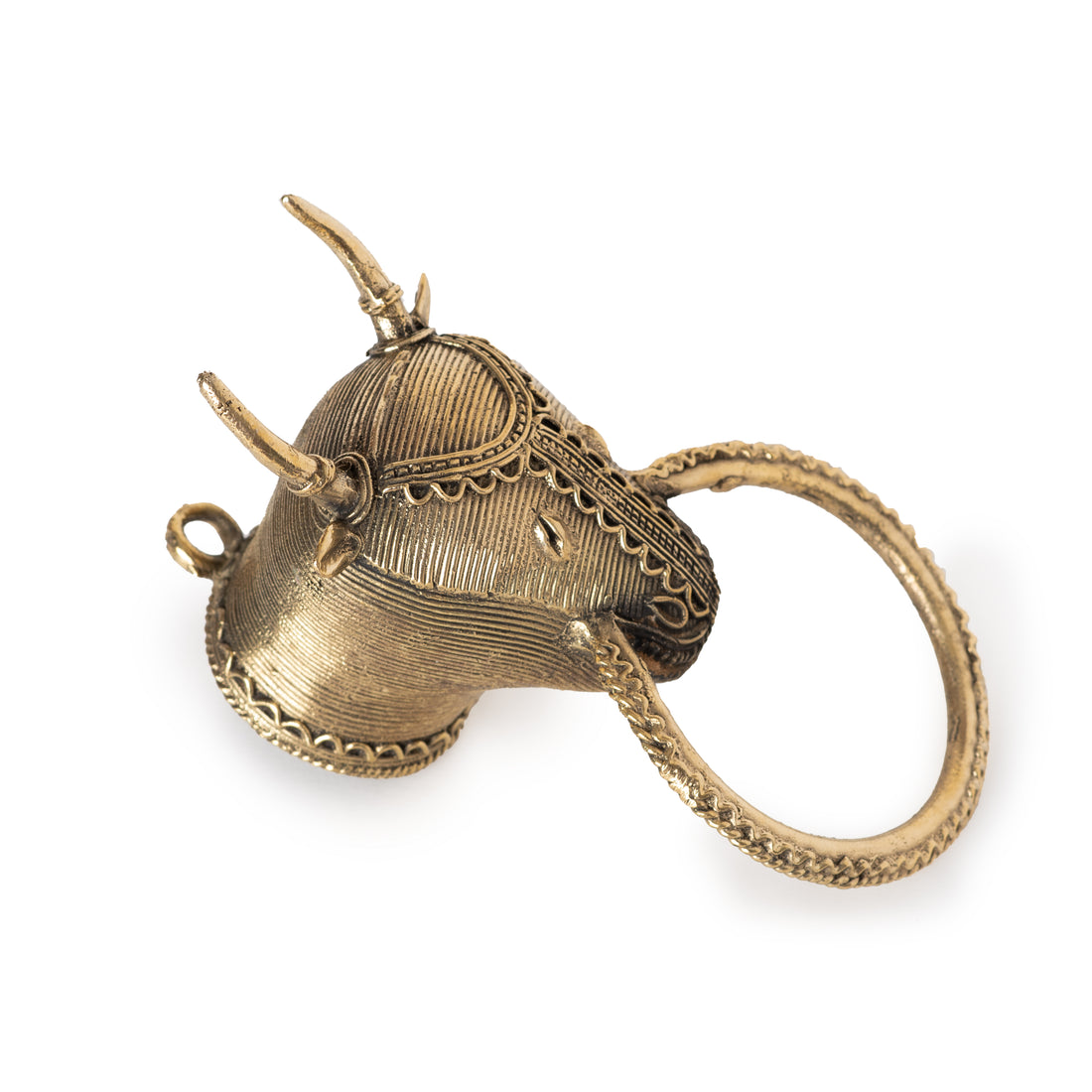 A bronze-colored towel holder in the shape of a bull with a human hand detail on top, against a white background.