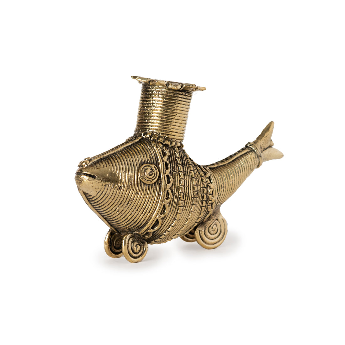 This item is a decorative Brass Dhokra Fish Candle Stand handcrafted using the ancient lost-wax casting technique. 
