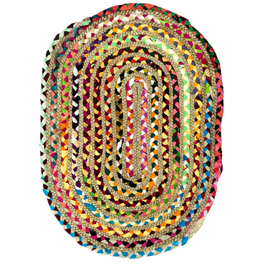 Divinehandicrafts COTTON CRAFT Jute Chindi Braid Rag Rug - Boho Farmhouse Rustic Area- Handwoven Reversible Natural Recycled Cotton- Living Room ,Study Home Décor Gift - 60 x 90 cm Oval - Multi Color
