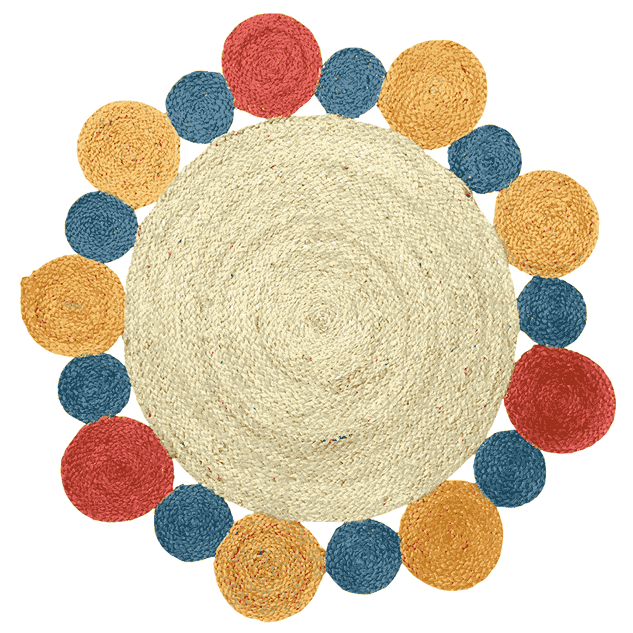 Round rug with colorful circular patterns on a white background