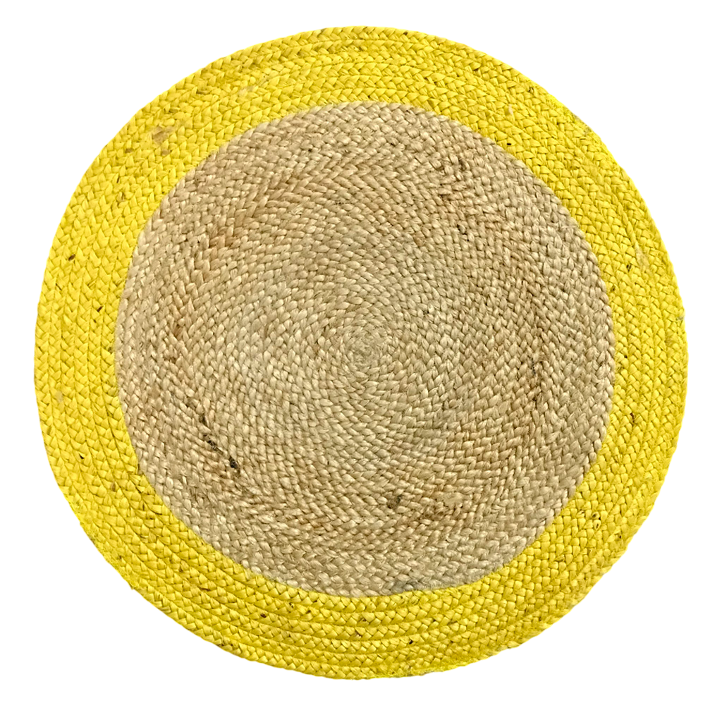 Round woven mat with yellow border on a white background