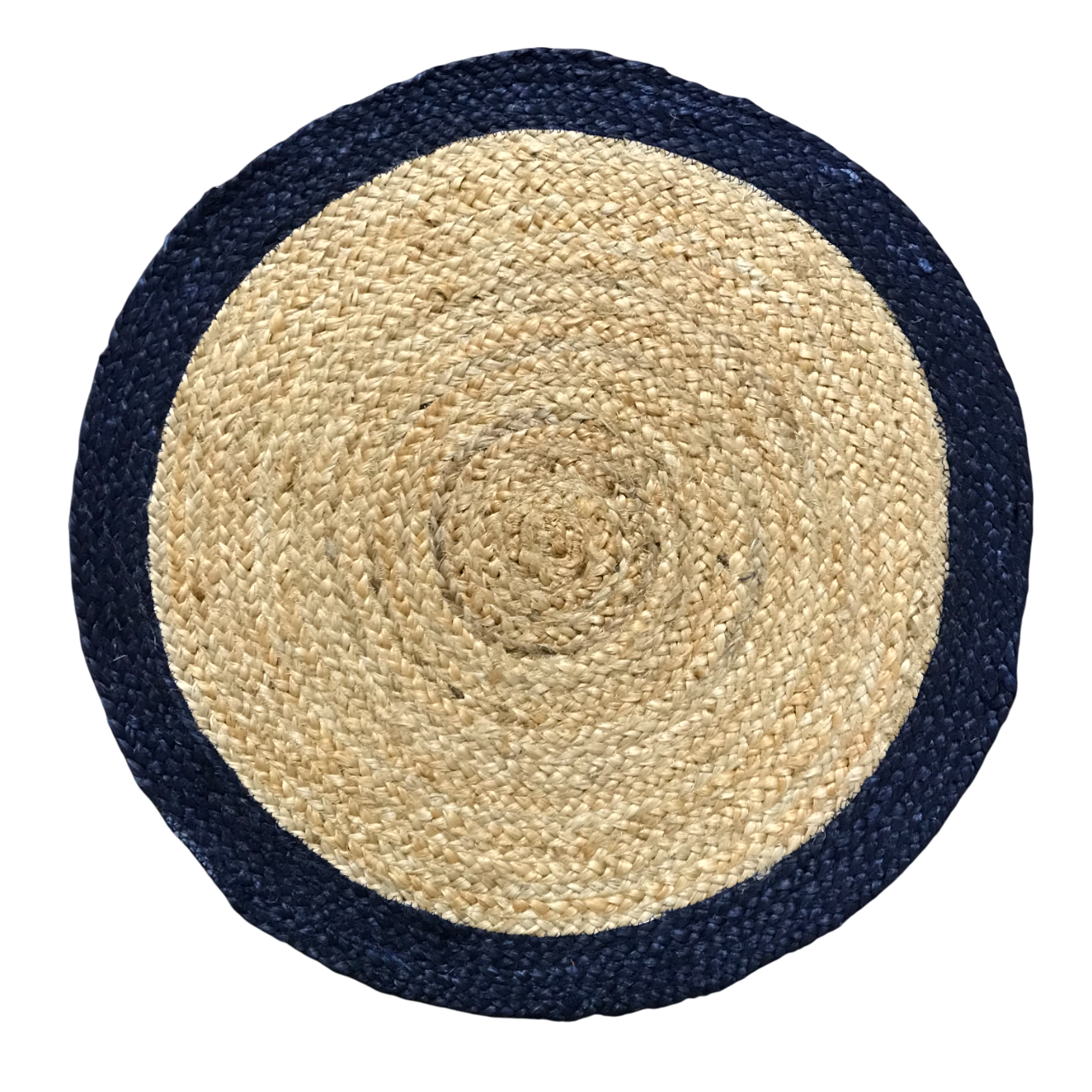A round area rug with a woven design, featuring beige color with a blue color border.