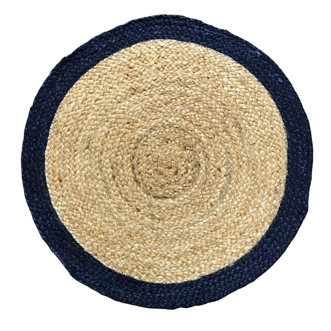 A round area rug with a woven design, featuring beige color with a blue color border.