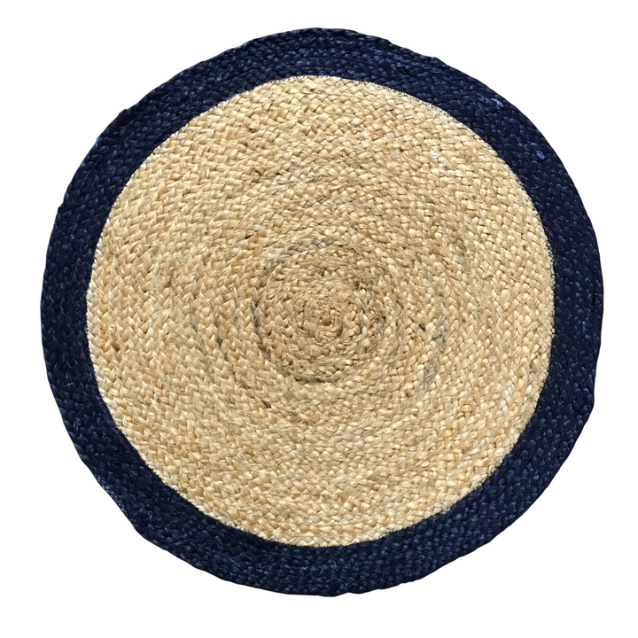 A round area rug with a woven design, featuring beige color with a blue color border.