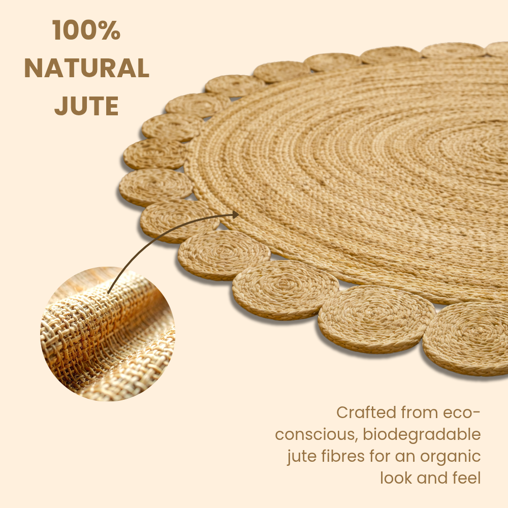 Round jute placemat with natural jute fibers and text highlighting eco-consciousness.