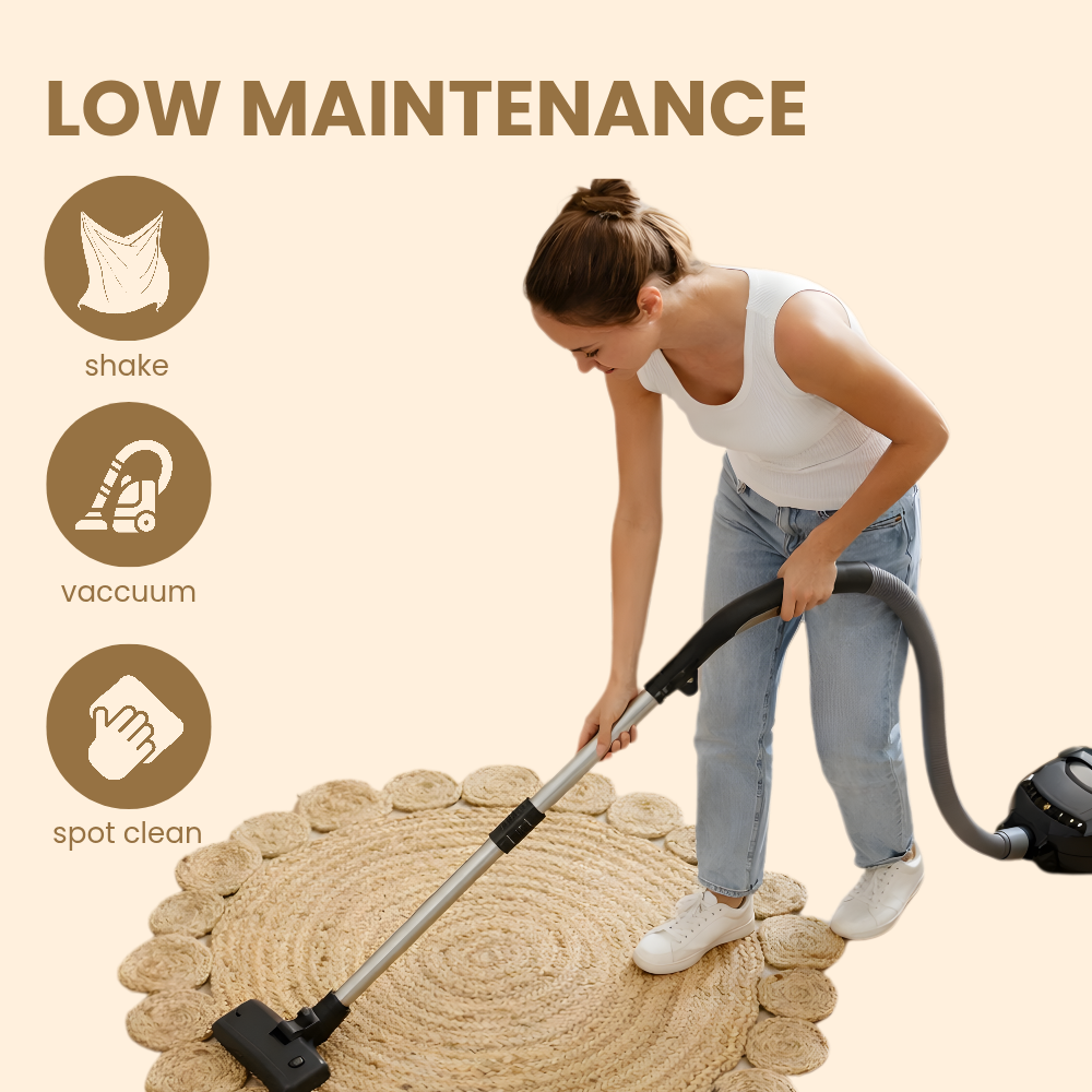 Woman using a vacuum cleaner on a textured rug with 'low maintenance' tips displayed.