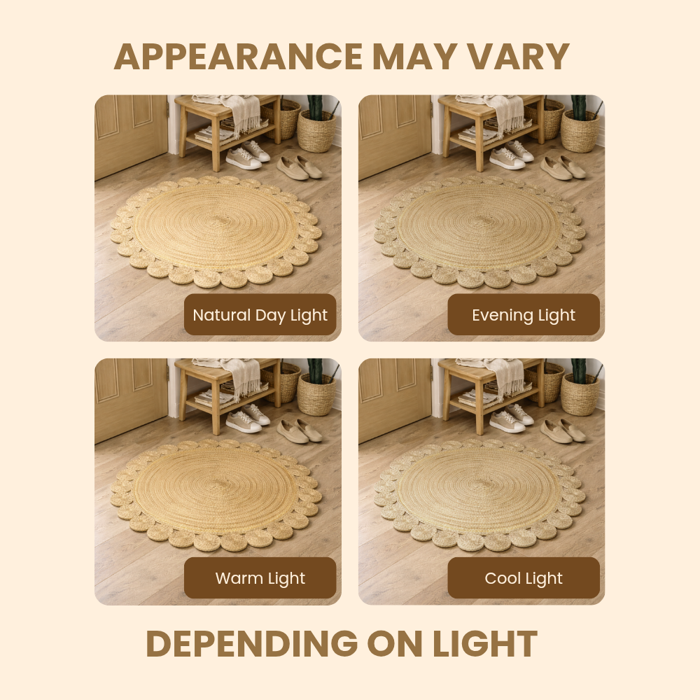 Round woven rug on a wooden floor with light variations due to time of day.