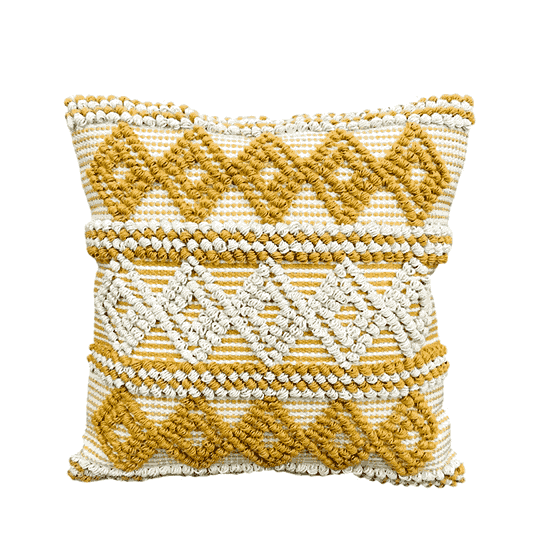 Decorative pillow with yellow and white geometric pattern on a white background