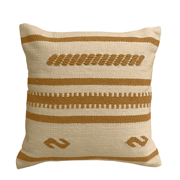 Decorative pillow with brown and beige stripes and patterns on a white background