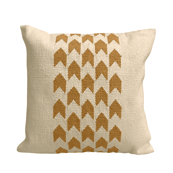 Decorative pillow with brown and beige chevron pattern on a white background