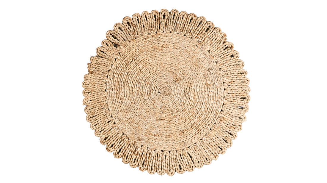Round woven placemat on a white background