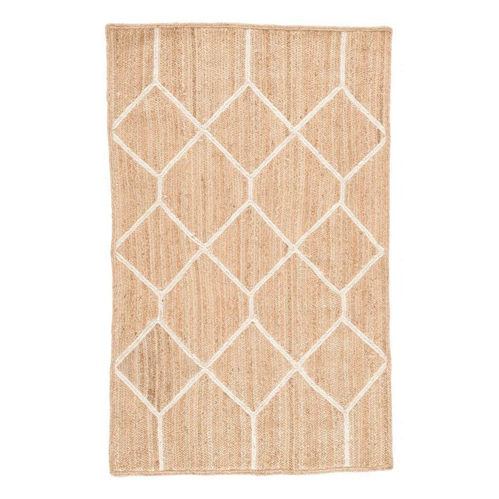 A beige jute braided rug with a diamond pattern design.