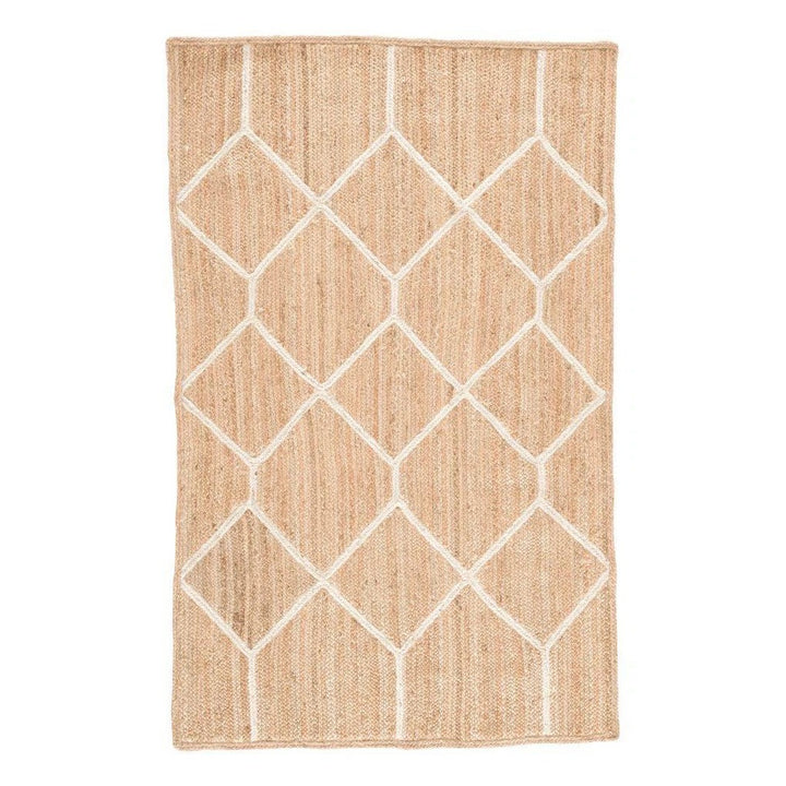 A beige jute braided rug with a diamond pattern design.