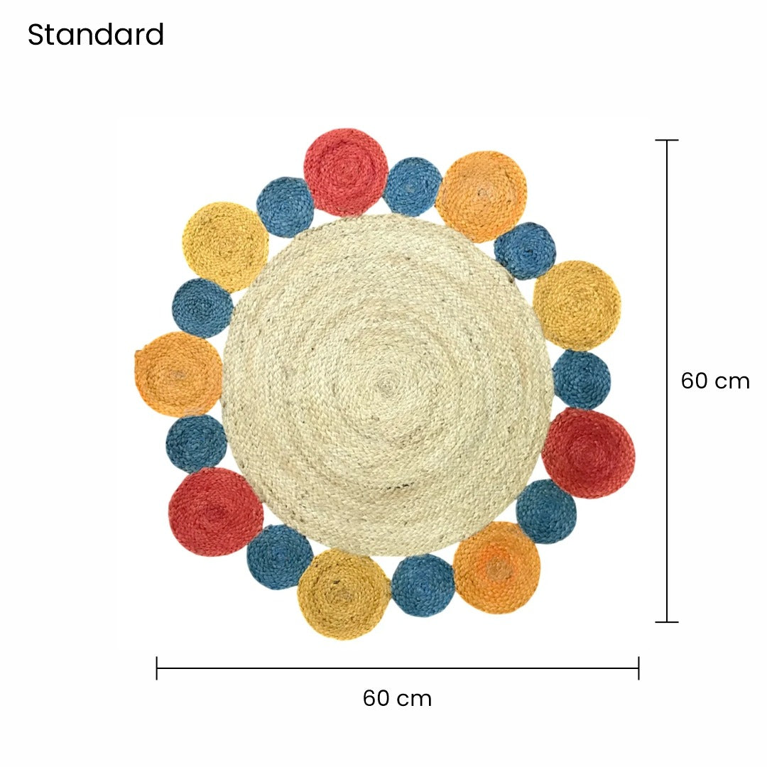 Round rug with colorful circular patterns and dimensions on a white background