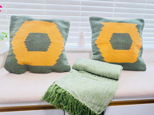 Handmade Jute Green & Mustard Designer Cushion Covers Set of 2